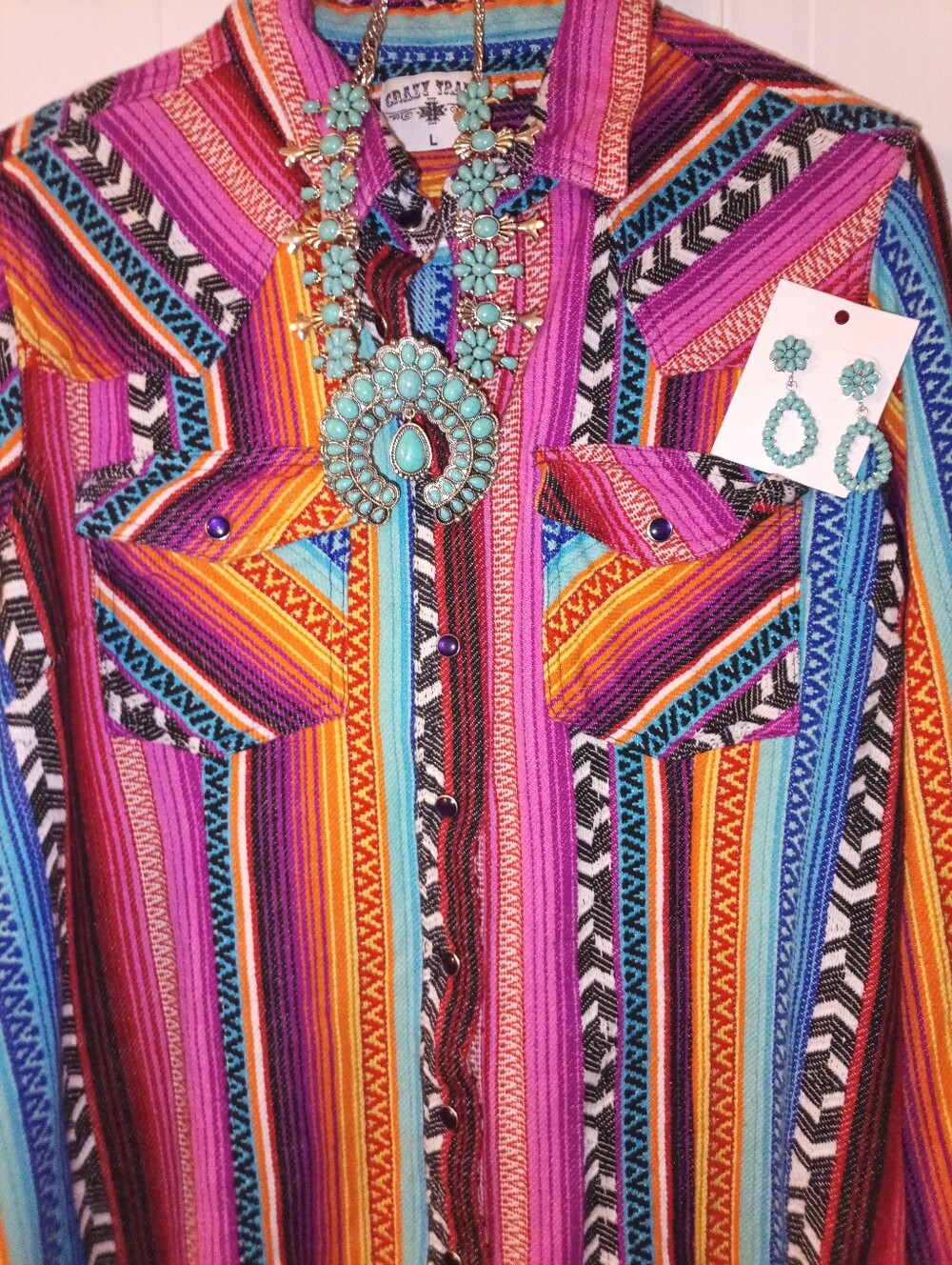Crazy Train 100% Cotton Serape Western Shirt Size L + Turquoise Jewelry Set 🤠